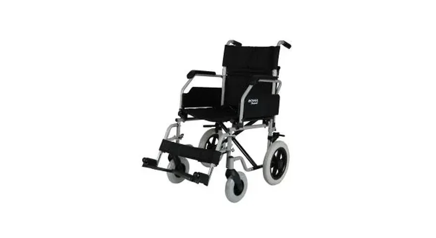 Attendant-propelled transit wheelchair with a silver folding frame, black seat, push handles and small rear wheels